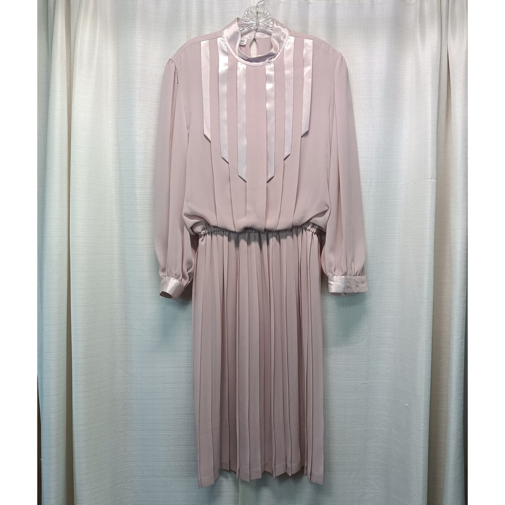 Vintage In The Mood Pink Pleated Midi Dress Satin Trim Long Sleeve Blouson L